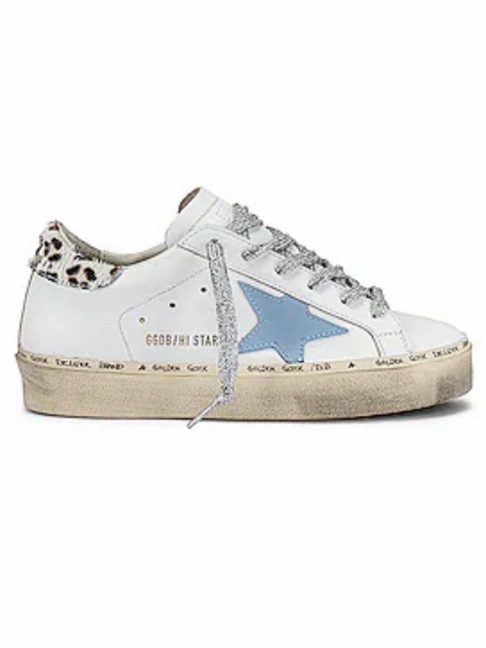 Golden-Goose Hi Star White Sneaker with Light Blue Star and Leopard Heel